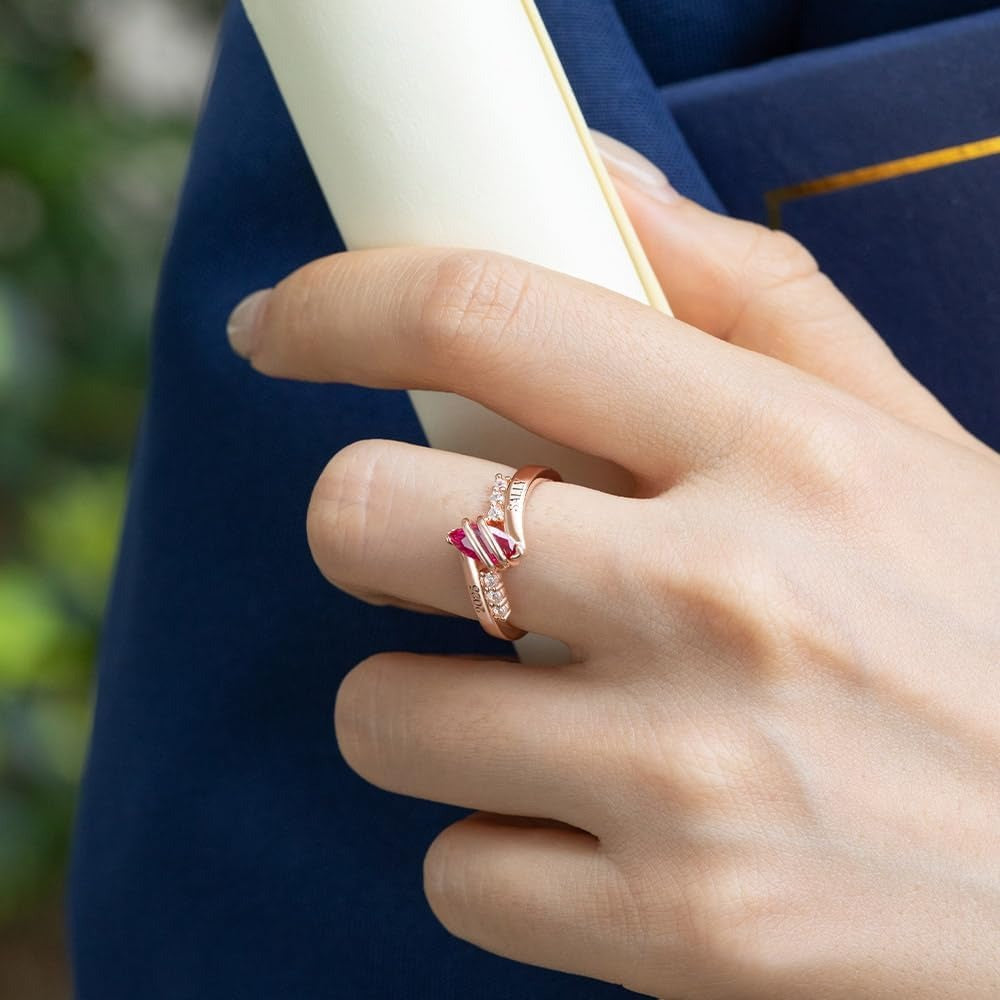 Custom College Graduation Birthstone Ring with Engraving