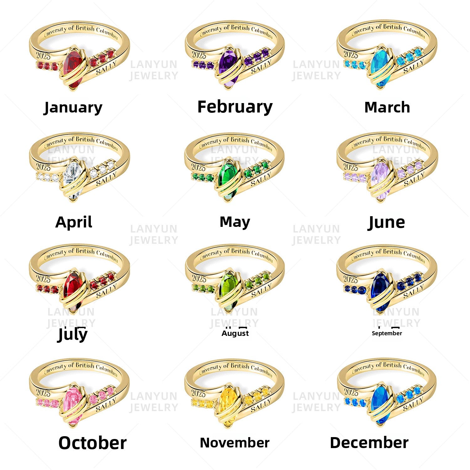 Custom College Graduation Birthstone Ring with Engraving