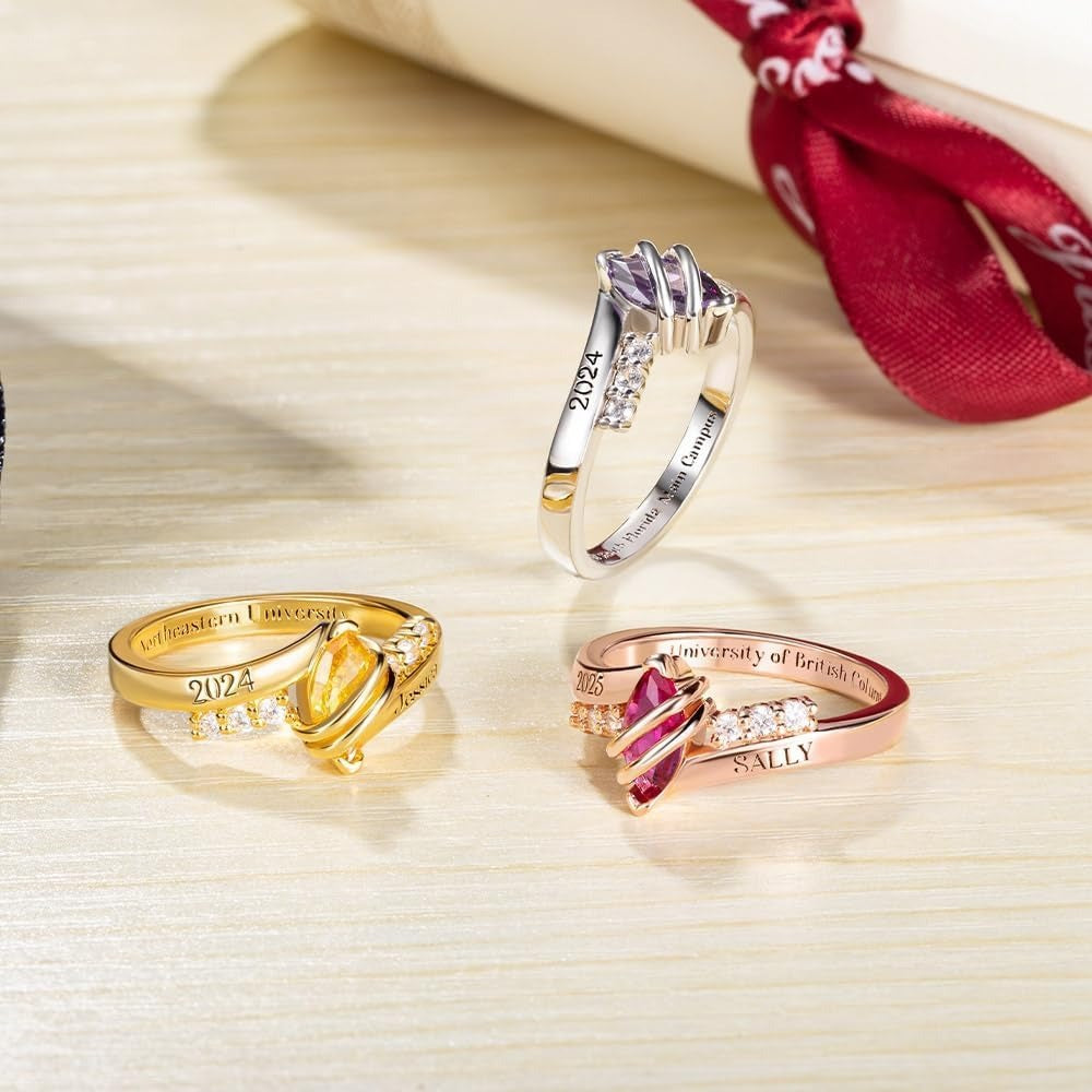 Custom College Graduation Birthstone Ring with Engraving